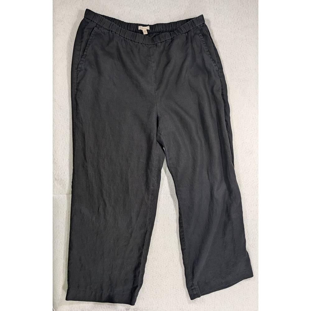 Eileen Fisher Black Organic Linen Wide Leg Cropped Pants Womens Large Pockets